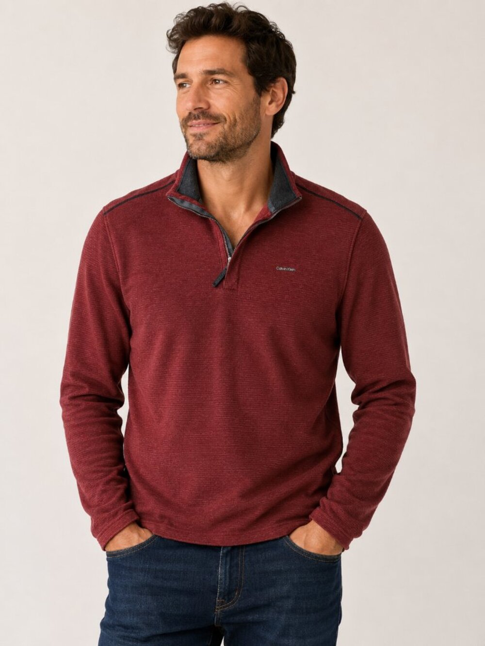 Calvin Klein Men's Quarter Zip Pullover Sweater Medium Red 100% Cotton Mock Neck